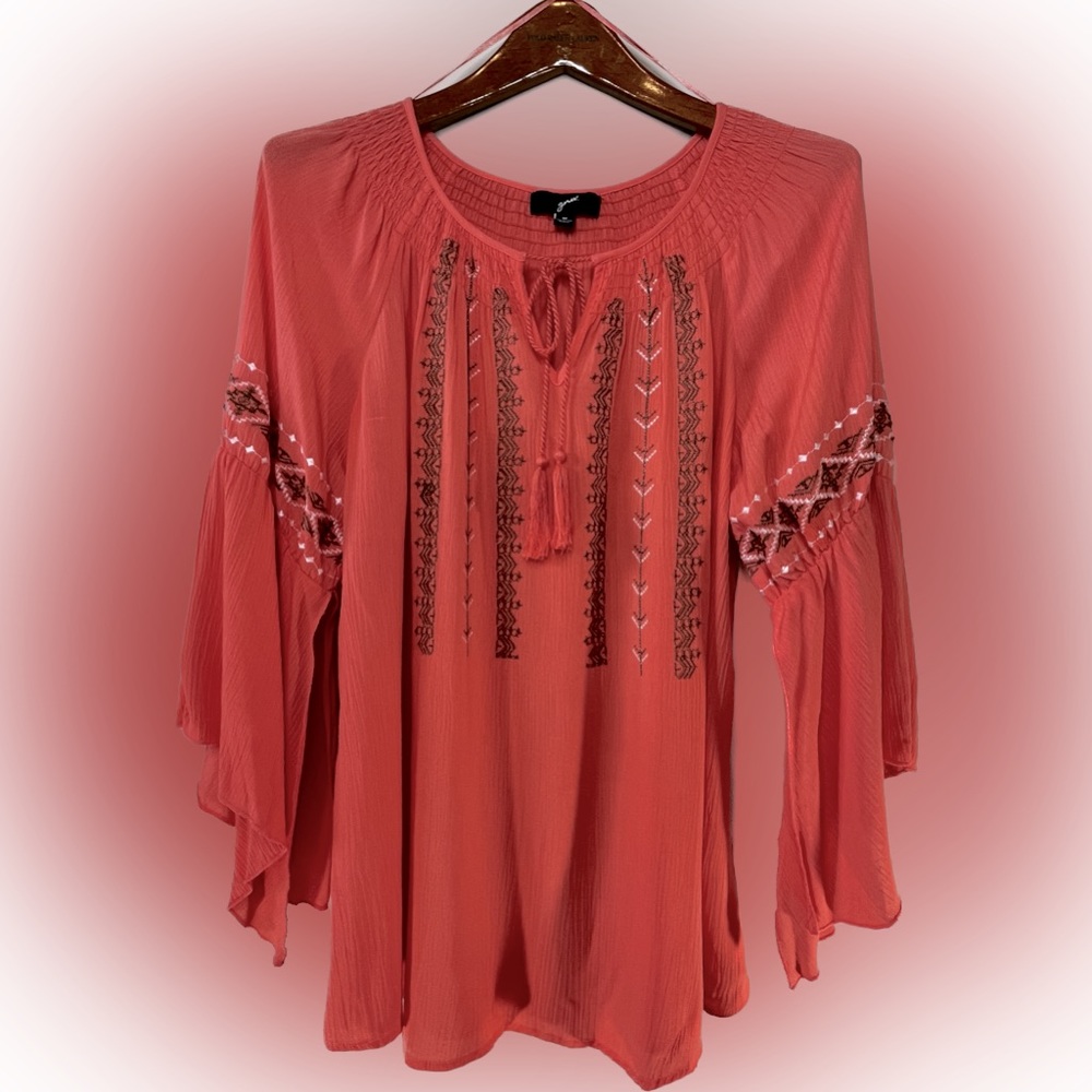 GNW Peasant Blouse Embroidered Boho Top Tassle Tie V neck Medium Tangerine